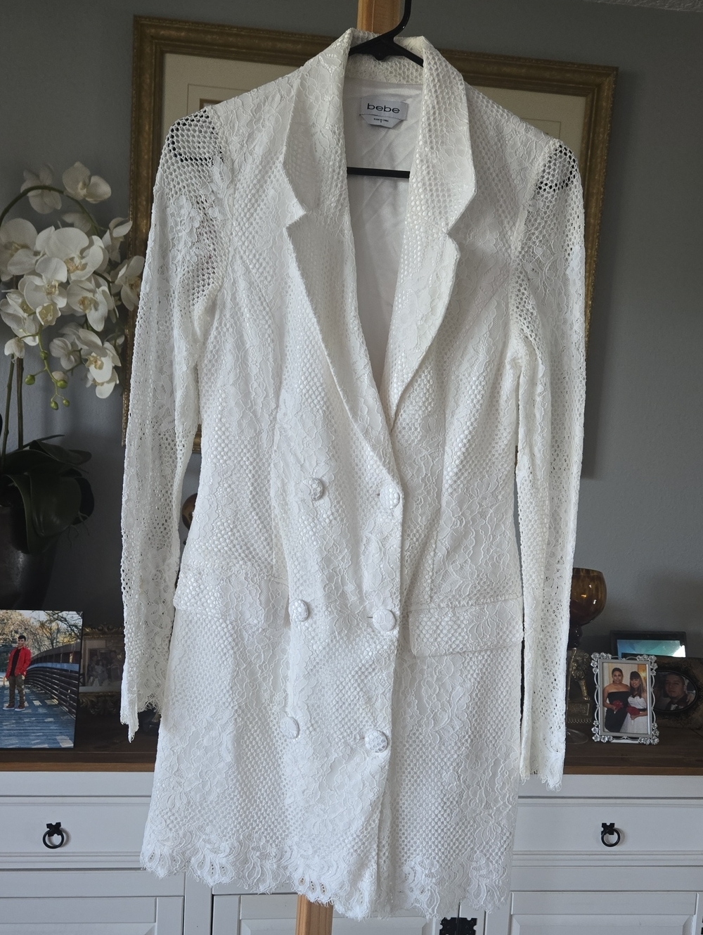 bebe White Lace Double-Breasted Blazer